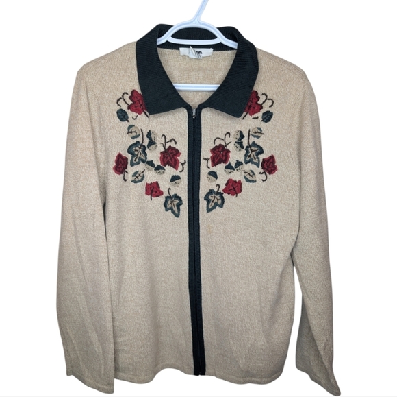 ALIA Zip up Cream Green Leaf Embroidered Sweater Women Medium Grandma Knit - Picture 1 of 11